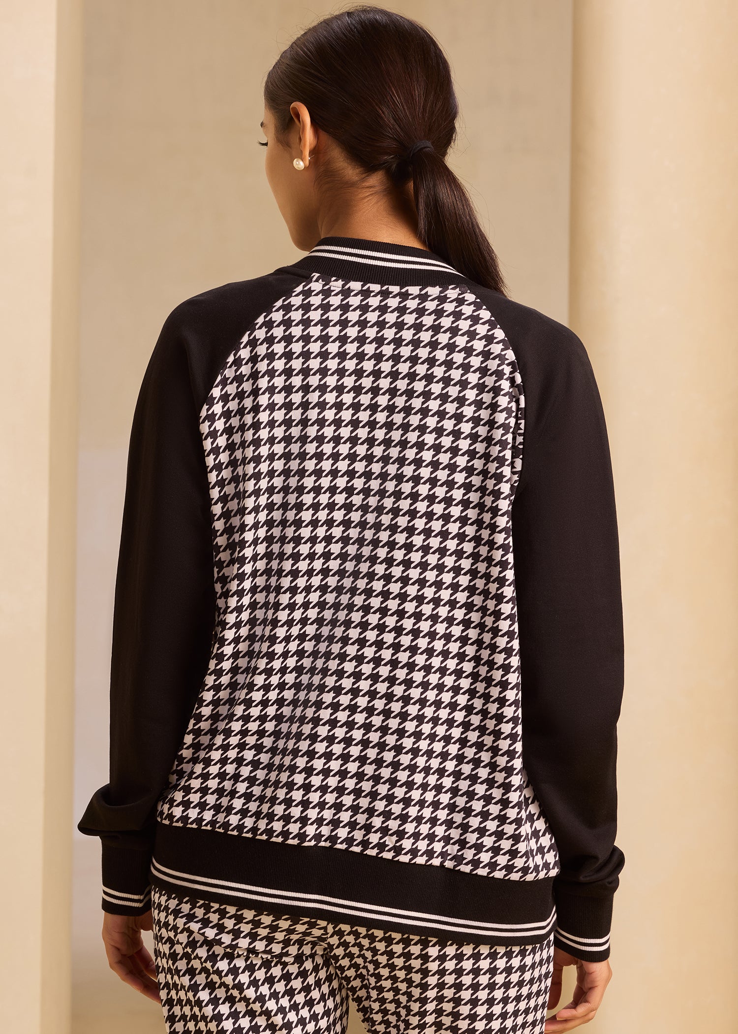 Raglan Sleeve Houndstooth Zipper Jackets