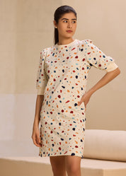 Embroidered Terrazzo Pouf Sleeve Dress