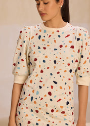 Embroidered Terrazzo Pouf Sleeve Dress