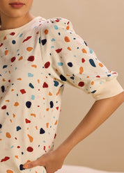 Embroidered Terrazzo Pouf Sleeve Dress