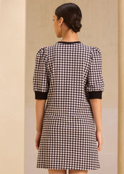 Flattering Houndstooth Pouf Sleeve Dress