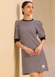 Flattering Houndstooth Pouf Sleeve Dress