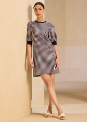Flattering Houndstooth Pouf Sleeve Dress