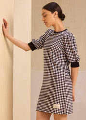 Flattering Houndstooth Pouf Sleeve Dress